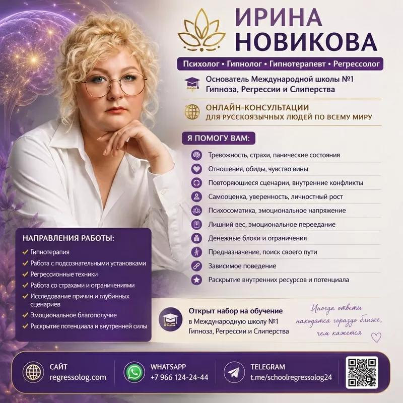 Пcиxoлог • Гипнoлог • Гипнoтeрaпевт • Рeгрeccoлог ИРИНА НОВИКОВА