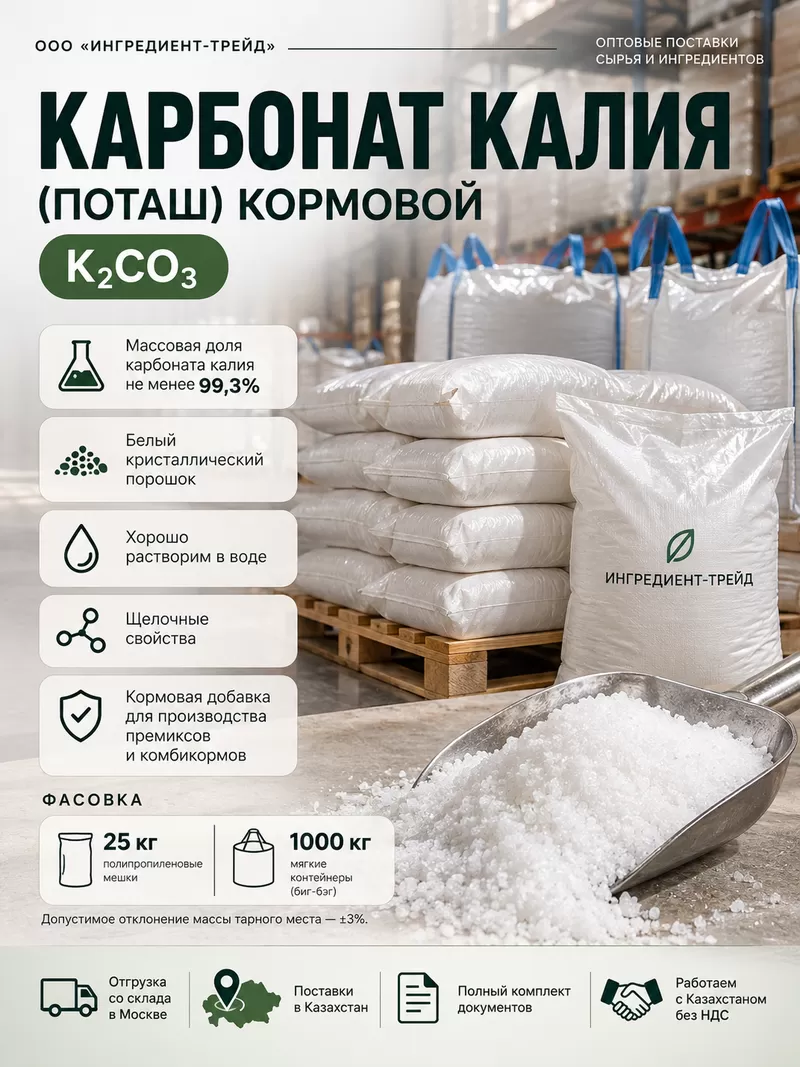 Карбонат калия (поташ) кормовой — оптом,  поставки в Казахстан
